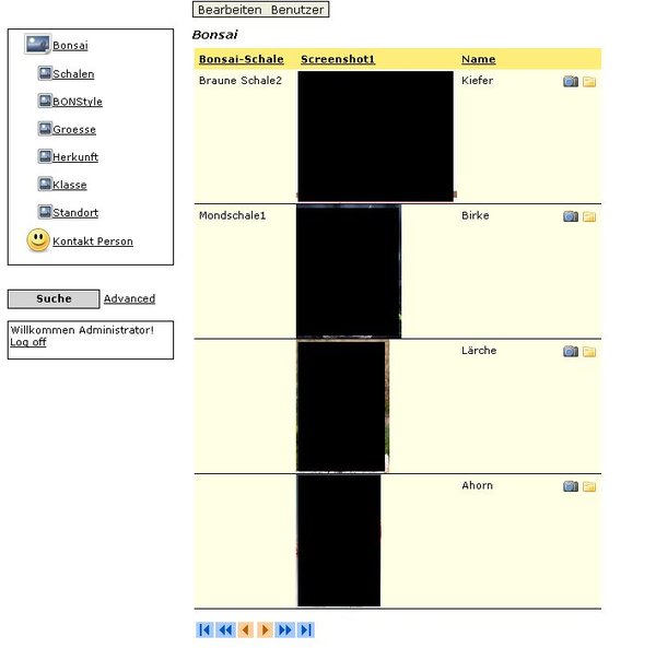 Ansicht der Hauptdatenbank, mit den Bonsai