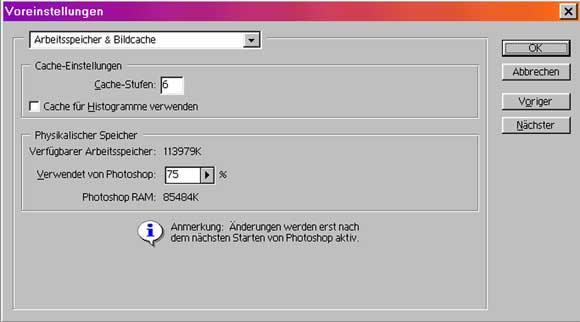 Hier stellt man den Bildcache und den physikalischen Speicher ein.