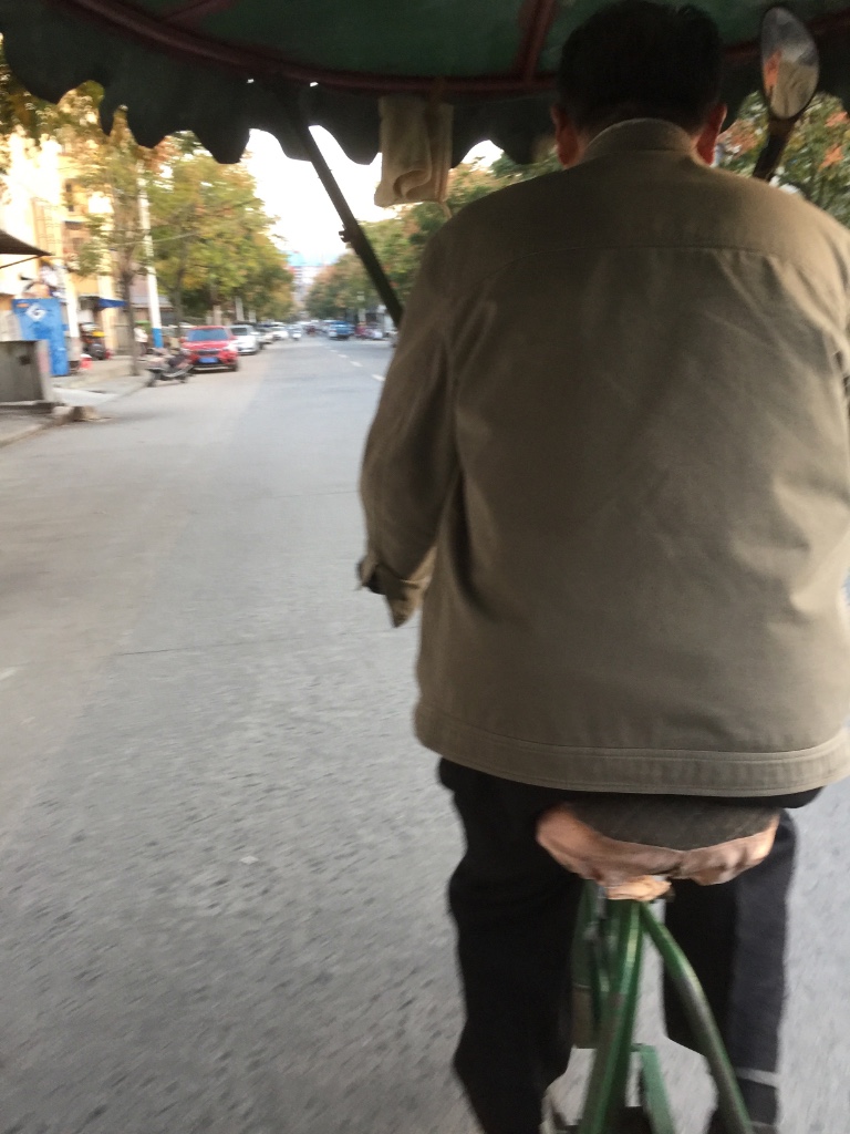 Als wir am letzten Tag (laut iPhone Schrittzähler) schon über 18 km gelaufen waren und das Hotel nicht auf Anhieb wiederfanden, zeigen wir die Visitenkarte vom Hotel einem Fahrradrikschafahrer, der uns für 20 Yuan zurückbrachte
