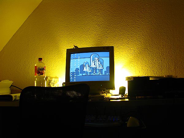 Hier mein etwas unaufgeräumter Schreibtisch. Normale Belichtung. Auch hier Probleme durch Gegenlicht.