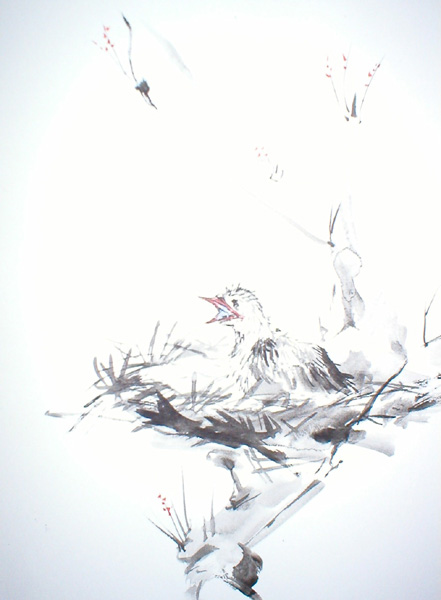 Ein Vogeljunges mit zarten Rotanteilen= Frühling, Erwachen = junger Baum, Pflaumen od. Kirschblüte (beginnend), grüne eher runde Schalen
