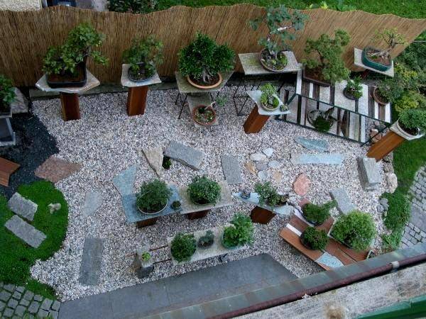 Ein Teil des Bonsaibereiches in meinem Garten von oben gesehen